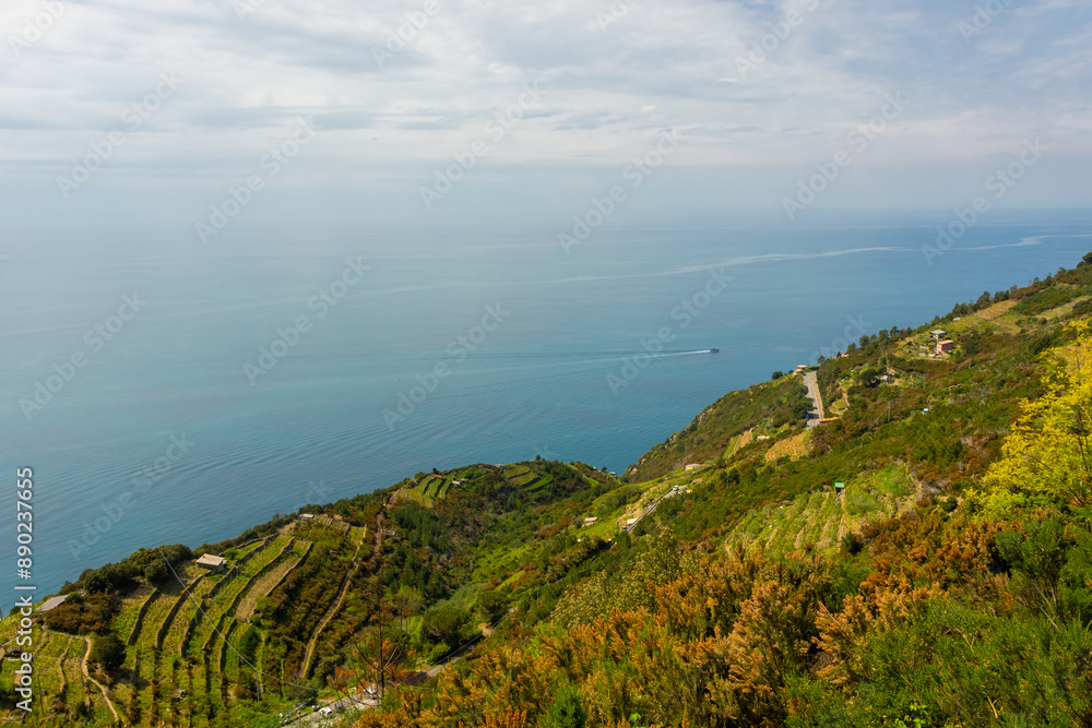 Landscape by the Ligurian sea of the hiking trail between Riomaggiore and Portovenere, Italy Landscape by the Ligurian sea of the hiking trail between Riomaggiore and Portovenere, Italy