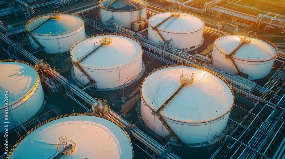 Aerial view oil and gas terminal storage tank farm. Oil tank storage chemical petroleum petrochemical refinery product at oil terminal. Aerial view oil and gas terminal storage tank farm. Oil tank storage chemical petroleum petrochemical refinery product at oil terminal.
