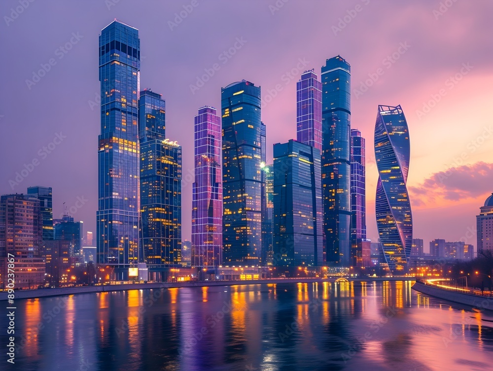 Glowing Riverside Cityscape at Dusk With Majestic Illuminated Skyscrapers Reflection in Water Glowing Riverside Cityscape at Dusk With Majestic Illuminated Skyscrapers Reflection in Water