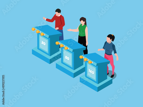 Tv show vector concept, Quiz show people. Tv contest answering persons with podium 3d isometric vector illustration