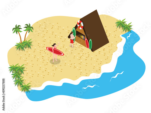 beach party surf coastal, female male character surfing tropical seaside cartoon vector illustration. beachfront cocktail bar 3d isometric vector illustration