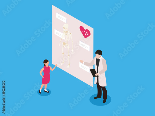  Doctor presenting human skeletal system