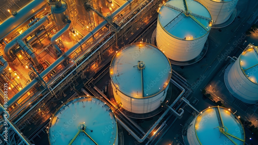 Aerial view oil and gas terminal storage tank farm. Oil tank storage chemical petroleum petrochemical refinery product at oil terminal. Aerial view oil and gas terminal storage tank farm. Oil tank storage chemical petroleum petrochemical refinery product at oil terminal.