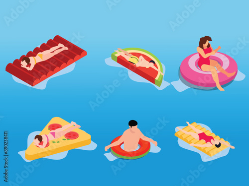 Top view. People floating on inflatable rings in a swimming pool 3d isometric vector illustration