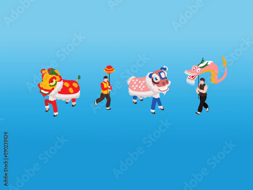 Chinese New Year Lion Dance 3d isometric vector illustration