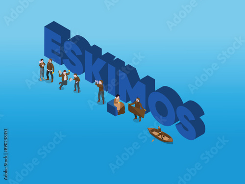  Set Eskimo isolated on blue background. Different composition people, sledding, fishing, hunting, sewing, boating, igloo construction. Character design 3d isometric vector illustration