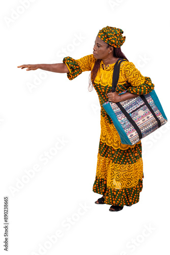 portrait of mature beautiful woman with travel bag showing hitchhiking gesture, smiling.