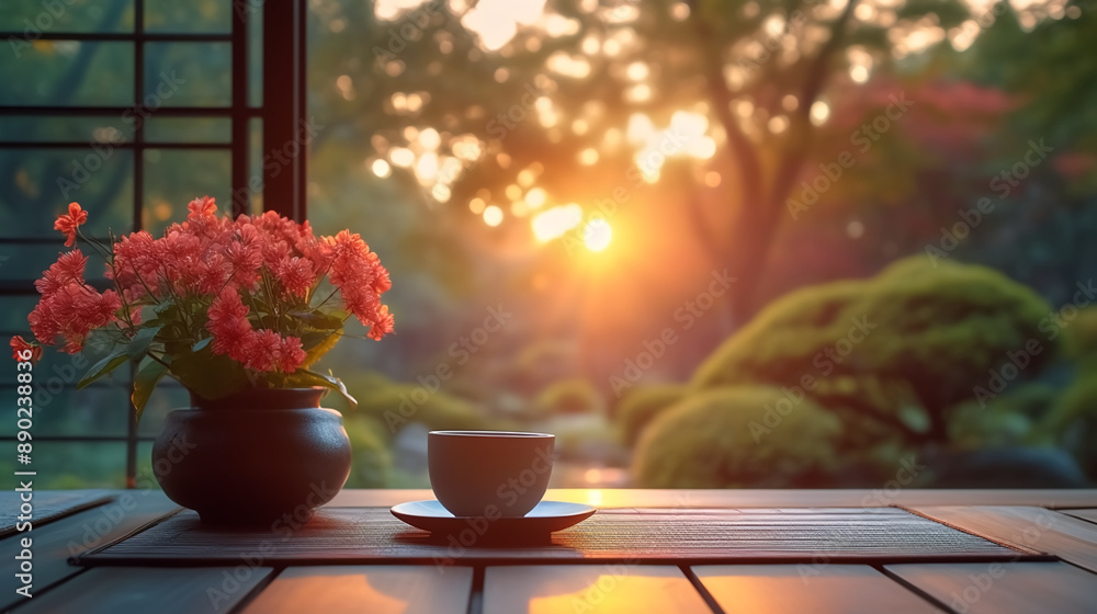 There are cups of coffee on the table, overlooking a serene Japanese Zen garden at sunset with Bromo Mountain in the background.