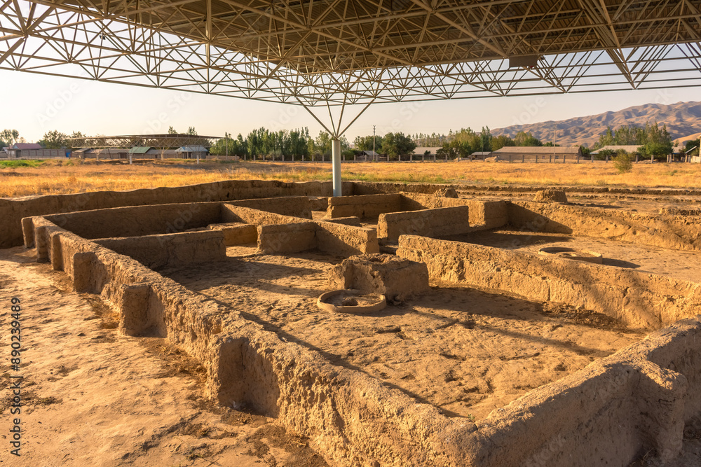 Archeological UNESCO site of Ancient Sarazm at sunset, 4th millennium BCE civilization in Tajikistan