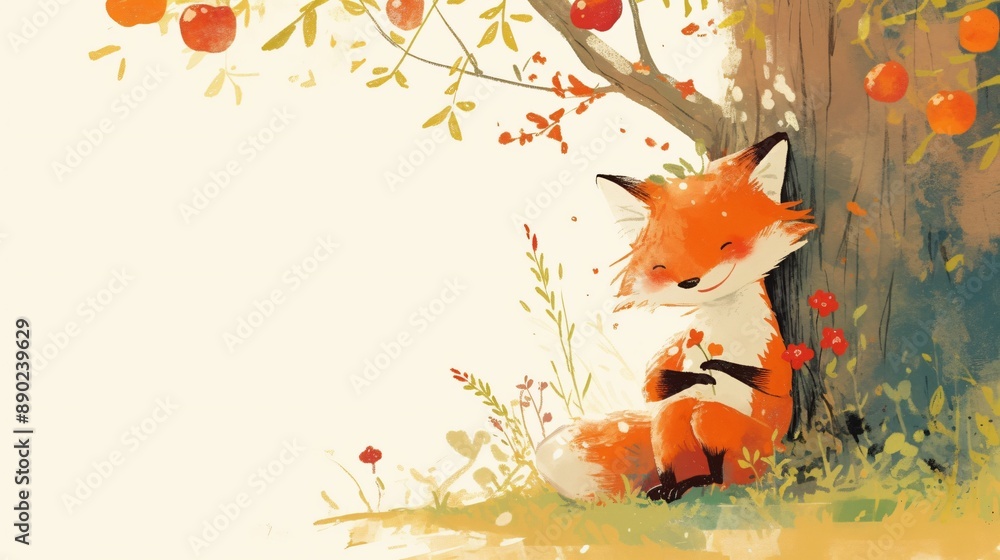 Naklejka premium Adorable Watercolor Clip Art of a Fox Sitting under a Tree
