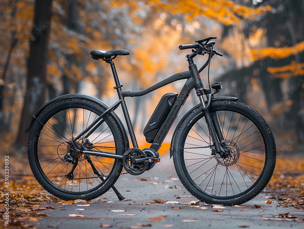 Fototapeta premium Black Electric Bike Parked On Paved Path In Autumn