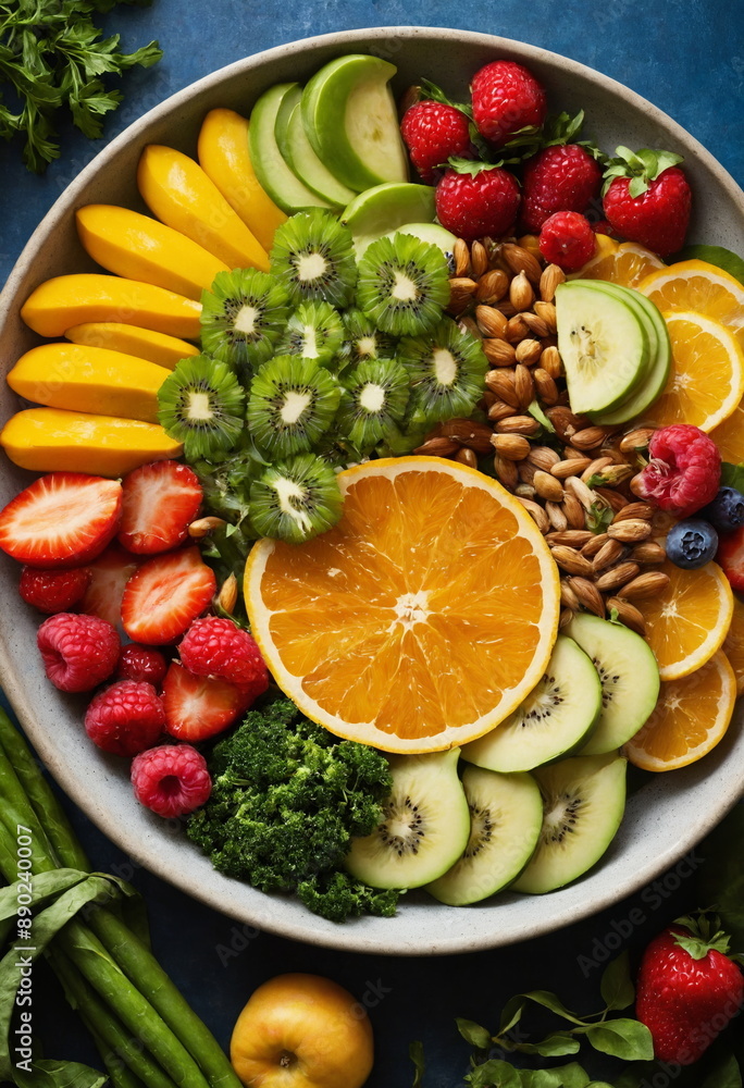 A close-up image showcasing a variety of fresh fruits and vegetables, including apples, oranges, kiwi, grapes, and leafy greens. A close-up image showcasing a variety of fresh fruits and vegetables, including apples, oranges, kiwi, grapes, and leafy greens.