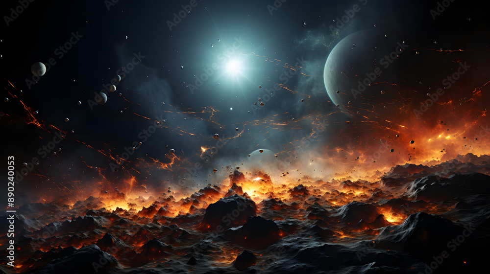 A fiery, celestial landscape with a blazing inferno below a starry sky. A large planet and numerous smaller bodies orbit a distant sun. A fiery, celestial landscape with a blazing inferno below a starry sky. A large planet and numerous smaller bodies orbit a distant sun.