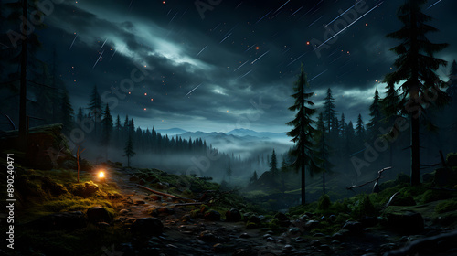 A mystical forest scene bathed in moonlight, with a small fire glowing in the foreground. The sky is filled with shooting stars, creating an enchanting atmosphere.