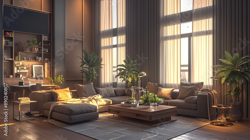 A series of stylish living room interiors featuring modern furniture, contemporary decor, and various lighting setups. The rooms showcase different design themes, including neutral tones, wood accents