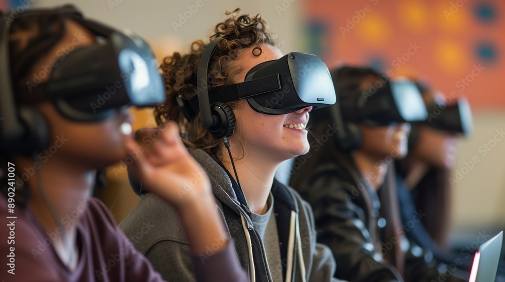 Students wear VR headsets, immersing in a captivating virtual world that enhances learning. Students wear VR headsets, immersing in a captivating virtual world that enhances learning.