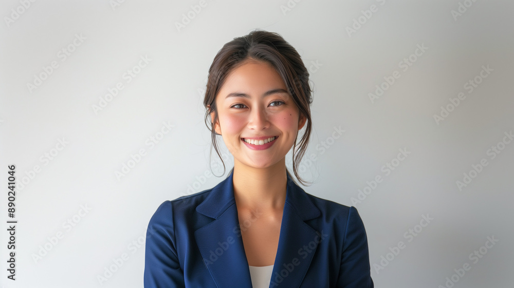 portrait of a Japanese professional woman TV news presenter short hair wearing blue dressed elegantly formal on a white background AI Generate portrait of a Japanese professional woman TV news presenter short hair wearing blue dressed elegantly formal on a white background AI Generate
