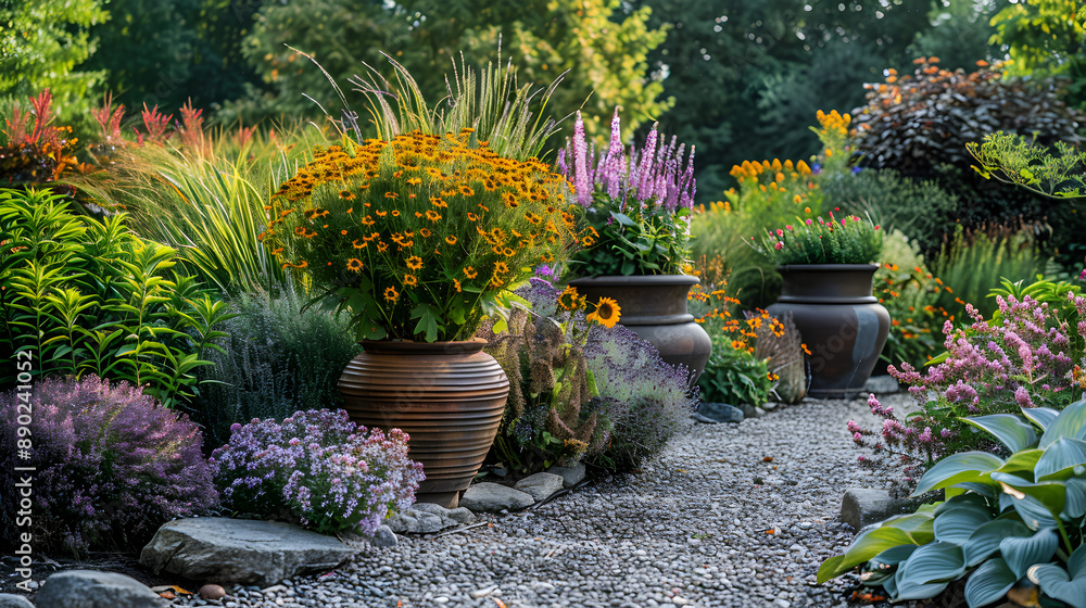 Fototapeta premium container gardening: visually coordinated garden, container gardening with purpose. aesthetic garden planning