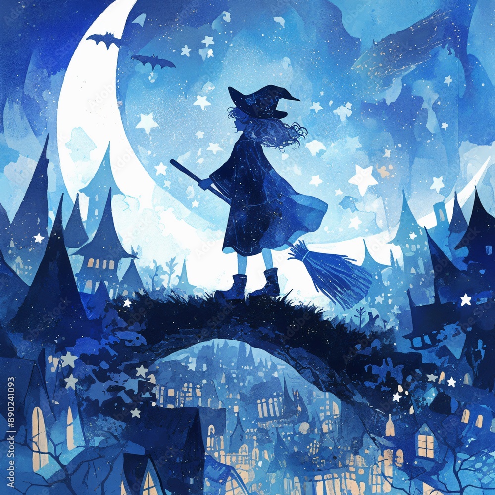 Watercolor Halloween Clip Art of Witch on Broomstick Flying in Starry ...