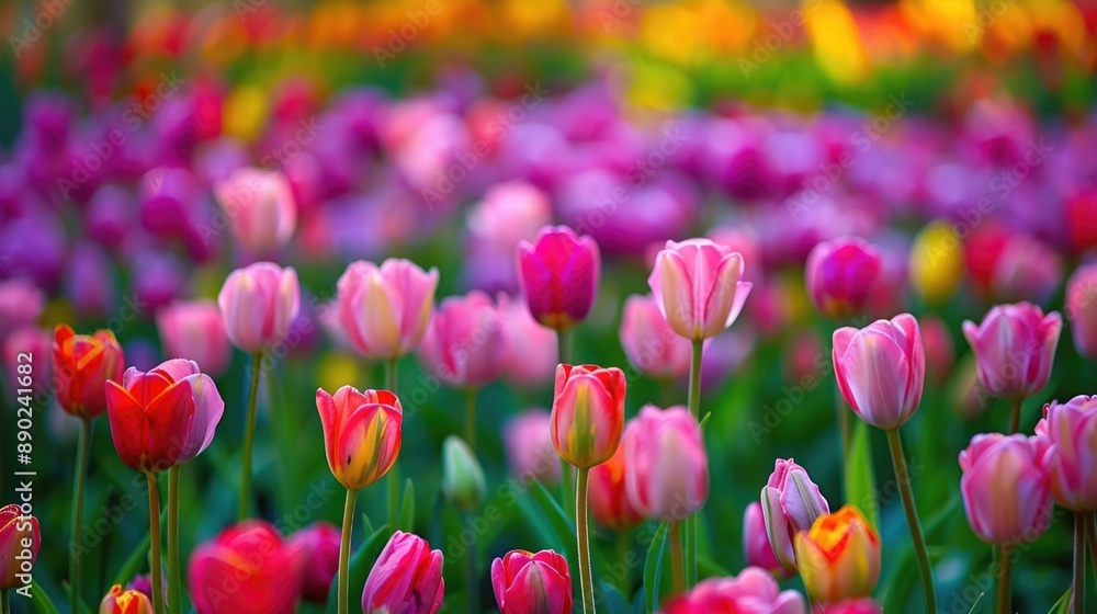 Tulips Blossom in a Bright and Colorful Field with Pink Flowers Tulips Blossom in a Bright and Colorful Field with Pink Flowers