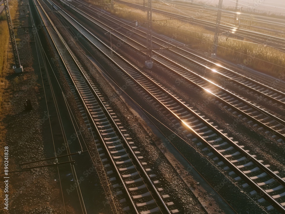 Sunset aerial perspective railway tracks in rural area with stones, low level view Sunset aerial perspective railway tracks in rural area with stones, low level view