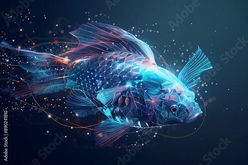 Digital wireframe polygon illustration of a fish, featuring geometric shapes and sharp lines to create a modern, tech-inspired depiction of aquatic life photo