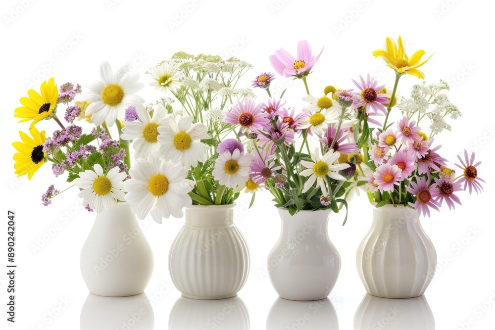 Vases with Spring Daisy Flowers. Bloom and Blossom in Bright White Vases with Spring Daisy Flowers. Bloom and Blossom in Bright White