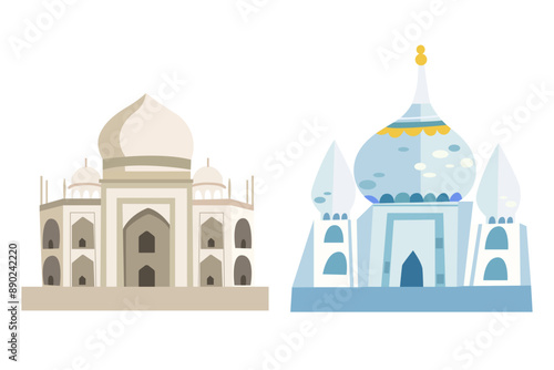 India Independence Day. Taj Mahal. Indias famous touristic monument. Landmark, architecture, hindu temple in the Indian city. Colored background with Arabic floral motifs