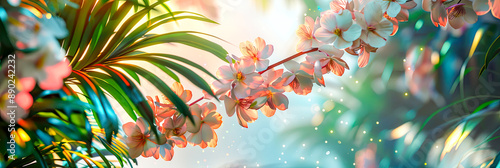 Bunte tropische Blumen im Regenwald. Hintergrund für Produkt und Textplatzierung 