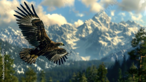 Eagle Soaring Over Majestic Mountains photo