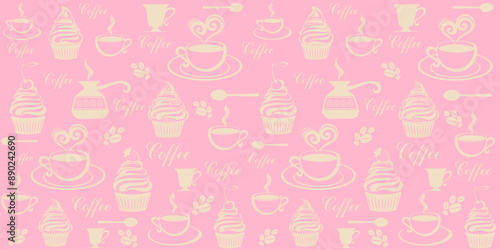 Seamless coffee wallpaper. Vintage restaurant menu. Food and drink seamless doodles pattern. Food and drink pattern. Horizontal Banner. Web banner design. illustration