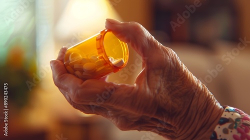 Senior medication list with effects and interactions on softly blurred background. photo