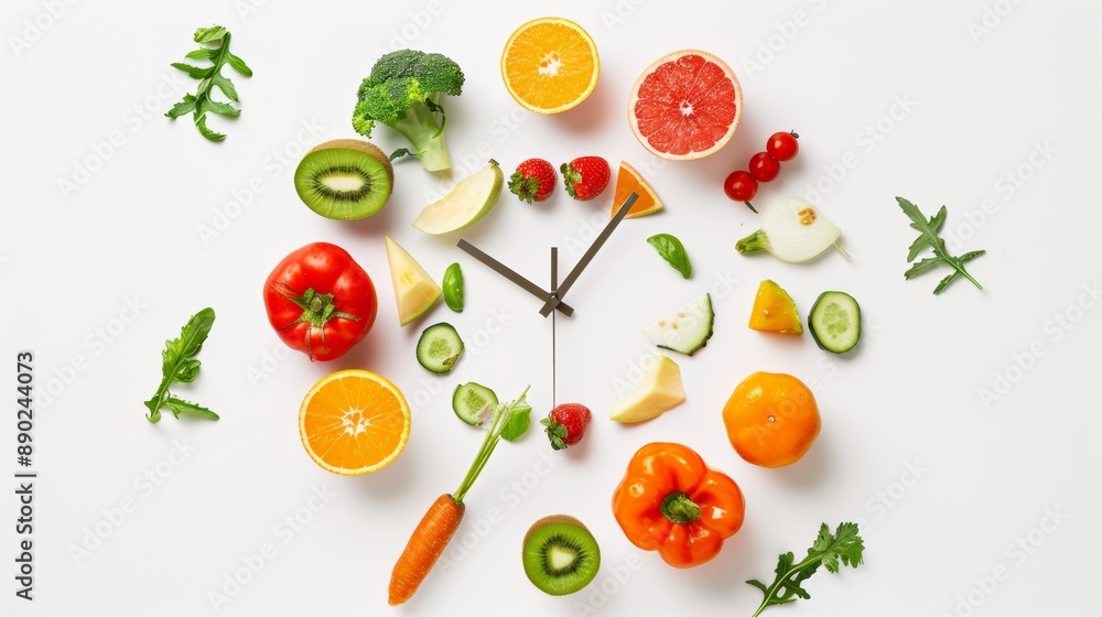 Clock of Fruits and Vegetables. Nutritious Food Reference Picture with Copy Space Clock of Fruits and Vegetables. Nutritious Food Reference Picture with Copy Space