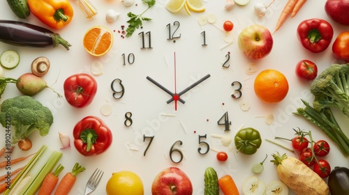 Clock of Fruits and Vegetables. Nutritious Food Reference Picture with Copy Space