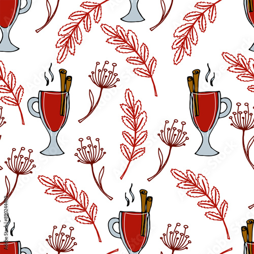 Seamless pattern glass with mulled wine and cinnamon, dry twigs and rowan leaves - square autumn white vector background for packaging, textile, wallpaper