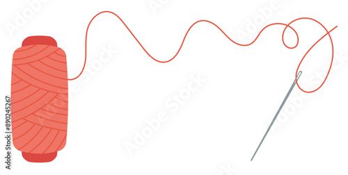 Sewing spool and needle sticker, cartoon embroidery supplies element, flat fashion accessories illustration, vector sewing tool object, doodle dressmaking decoration design,