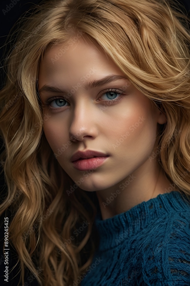 High-resolution, close-up portrait of a young woman with striking facial features. She has fair skin. Her hair is a vibrant shade of caramel blonde, cascading in loose waves around her face. Her eyes High-resolution, close-up portrait of a young woman with striking facial features. She has fair skin. Her hair is a vibrant shade of caramel blonde, cascading in loose waves around her face. Her eyes