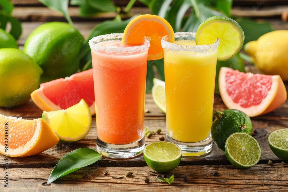 Freshly squeezed citrus juices in glasses with fruits around showcasing a vibrant and healthy morning drink Freshly squeezed citrus juices in glasses with fruits around showcasing a vibrant and healthy morning drink