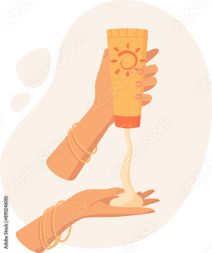 Hand hold sunscreen lotion tube, vector uv factor protection cosmetic tube, flat sunscreen moisturizer bottle, cartoon spf oil container, creative sun block lotion pack,