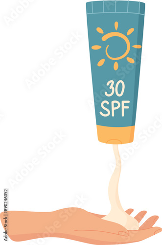 Hand squeeze sunscreen cream bottle, flat sunblock cosmetic bottle, creative uv block oil container, cartoon solar protection lotion pack, vector spf cream tube,