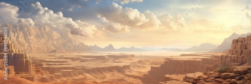 A vast and majestic desert canyon landscape with towering cliffs and a distant mountain range photo