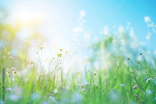 Light Summer Background. Sunny Spring Meadow with Blue Sky Gradient and Green Grass Blur