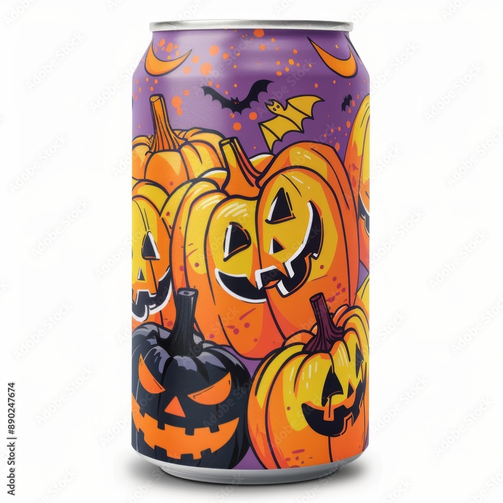 Obraz premium Spooky Pumpkin Cream Soda Can for Halloween Celebration on White Background