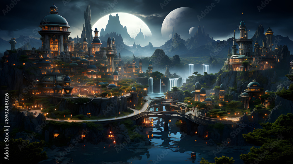 Obraz premium A fantasy city perched on a mountainside, illuminated by the light of the moon and glowing lamps. Waterfalls cascade down the cliffs, creating a serene and magical atmosphere. 