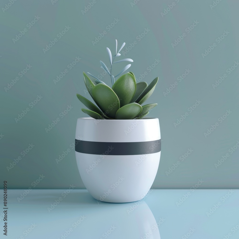 A Single Succulent Plant in a White Pot With a Black Stripe A Single Succulent Plant in a White Pot With a Black Stripe