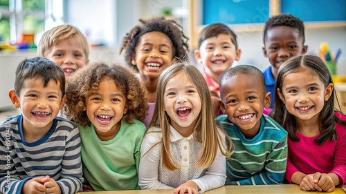 A diverse group of young children smiling in a bright classroom setting, showcasing joy and inclusivity in education. 