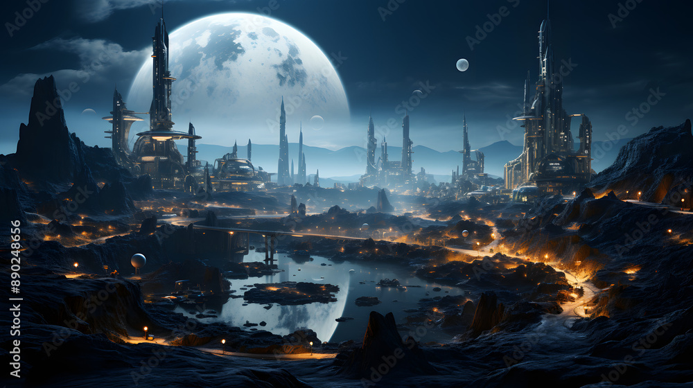 A futuristic city on an alien planet with a giant moon in the background, illuminated by the city lights. A futuristic city on an alien planet with a giant moon in the background, illuminated by the city lights.
