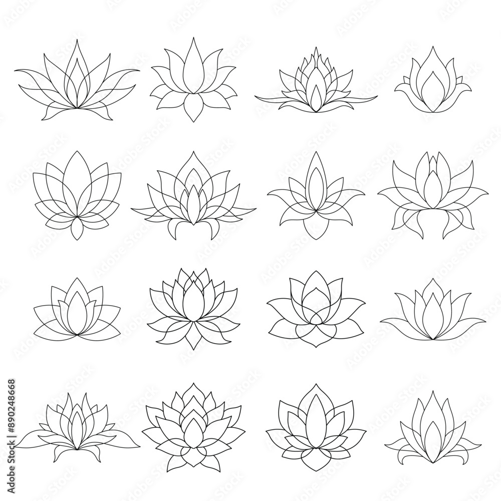 Set of lotus mehndi flower pattern for Henna drawing and tattoo. Decoration in oriental, Indian style. Doodle ornament. Outline hand draw vector illustration. Set of lotus mehndi flower pattern for Henna drawing and tattoo. Decoration in oriental, Indian style. Doodle ornament. Outline hand draw vector illustration.