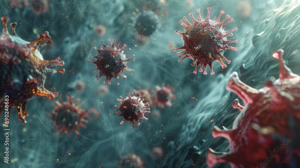 A conceptual 3D illustration of a virus hijacking the machinery of a host cell to produce more viruses, showing the impact of viral infection. A conceptual 3D illustration of a virus hijacking the machinery of a host cell to produce more viruses, showing the impact of viral infection.