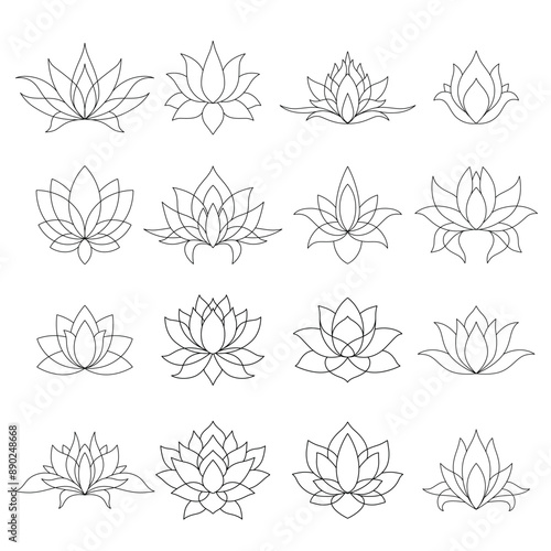 Set of lotus mehndi flower pattern for Henna drawing and tattoo. Decoration in oriental, Indian style. Doodle ornament. Outline hand draw vector illustration.
